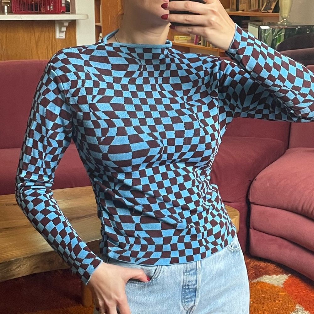 Paloma Wool Blue and Brown Distorted Checker Long Sleeve Top